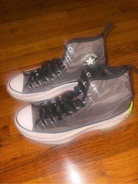 Converse High Top Sneakers - Gray, Black & White with Neon Green Accent